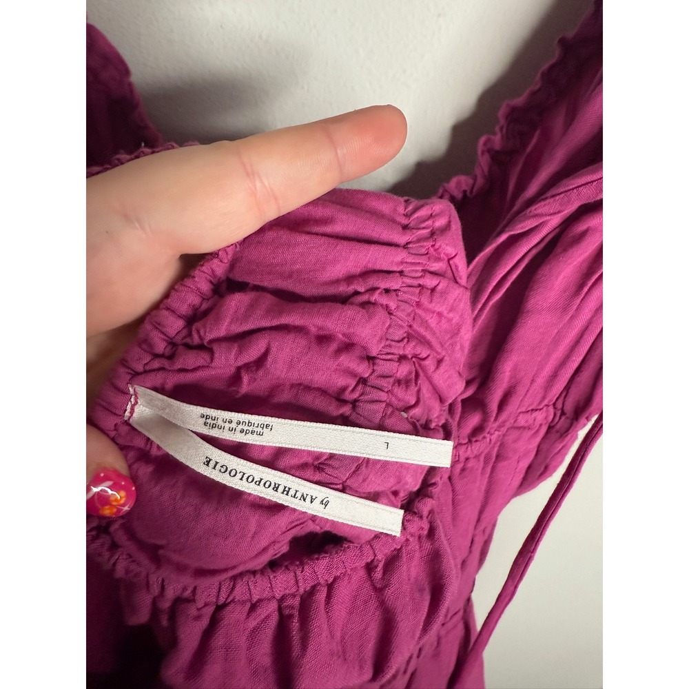 Anthropologie‎ Ariana Womens Dress Magenta Smocked Square Neck Tie Back Mini - Picture 6 of 6